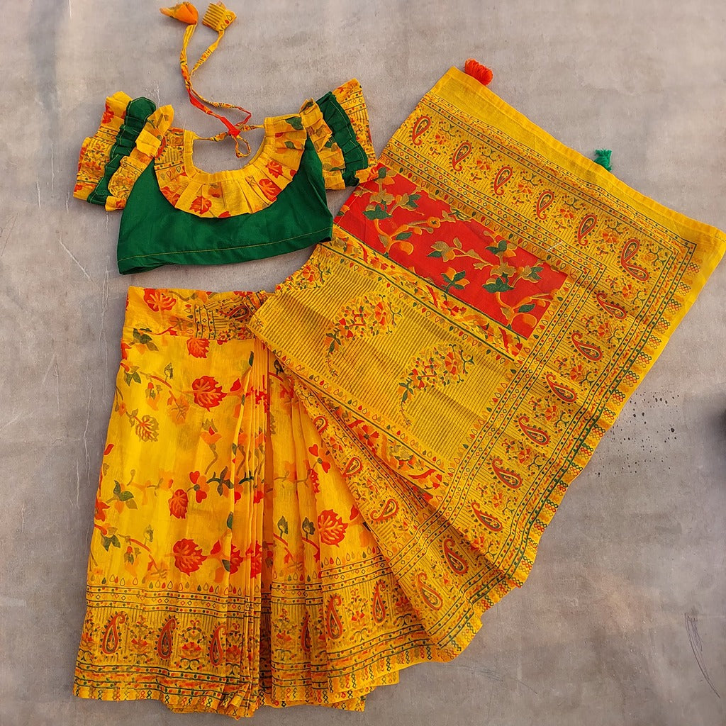 বাচ্চাদের হলুদ সুতির রেডি শাড়ি