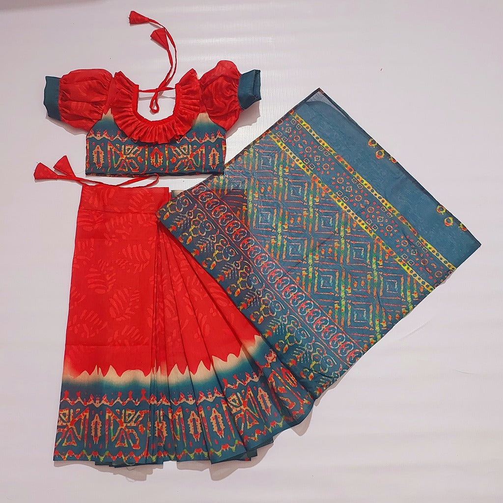 বাচ্চাদের লাল সবুজ ভাইরাল রেডি শাড়ি