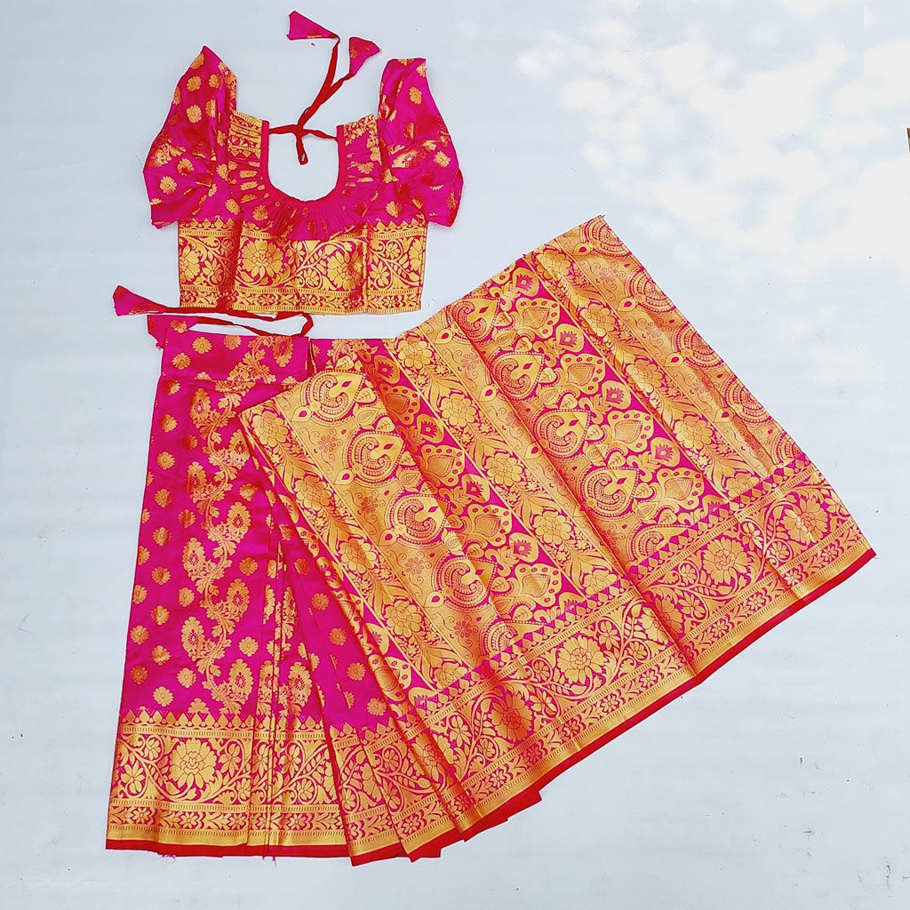 বাচ্চাদের গোলাপী সফট কাতান রেডি শাড়ি