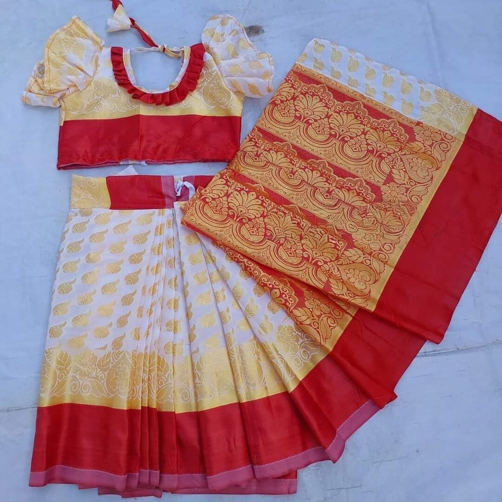 বাচ্চাদের সাদা সফট কাতান রেডি শাড়ি