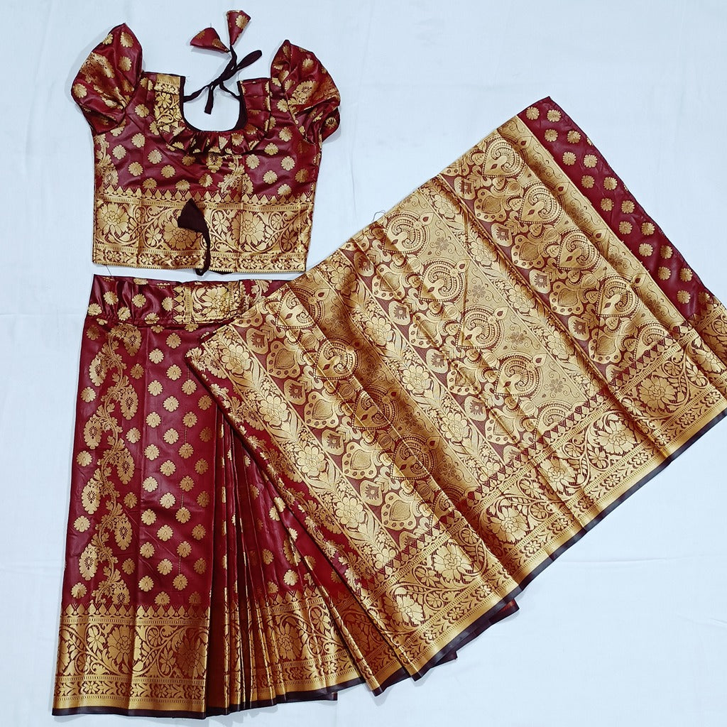 বাচ্চাদের খয়েরি লতা সফট কাতান রেডি শাড়ি