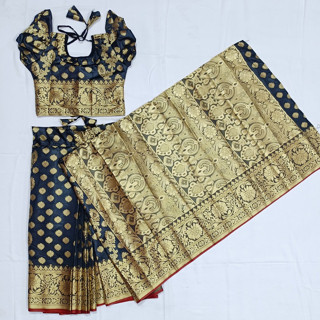 বাচ্চাদের কালো লতা সফট কাতান রেডি শাড়ি
