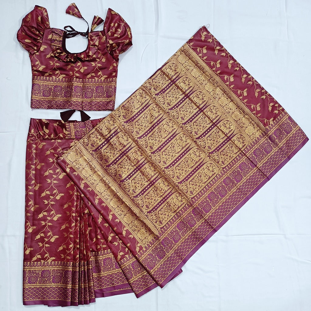 বাচ্চাদের খয়েরী জরি কাতান রেডি শাড়ি