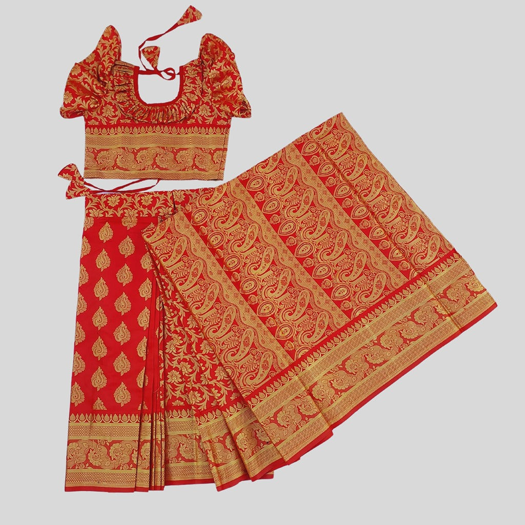 বাচ্চাদের সফট লাল কুচি কাতান রেডি শাড়ি