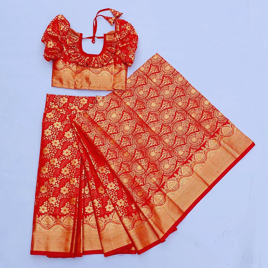 বাচ্চাদের সফট জবা কাতান রেডি শাড়ি