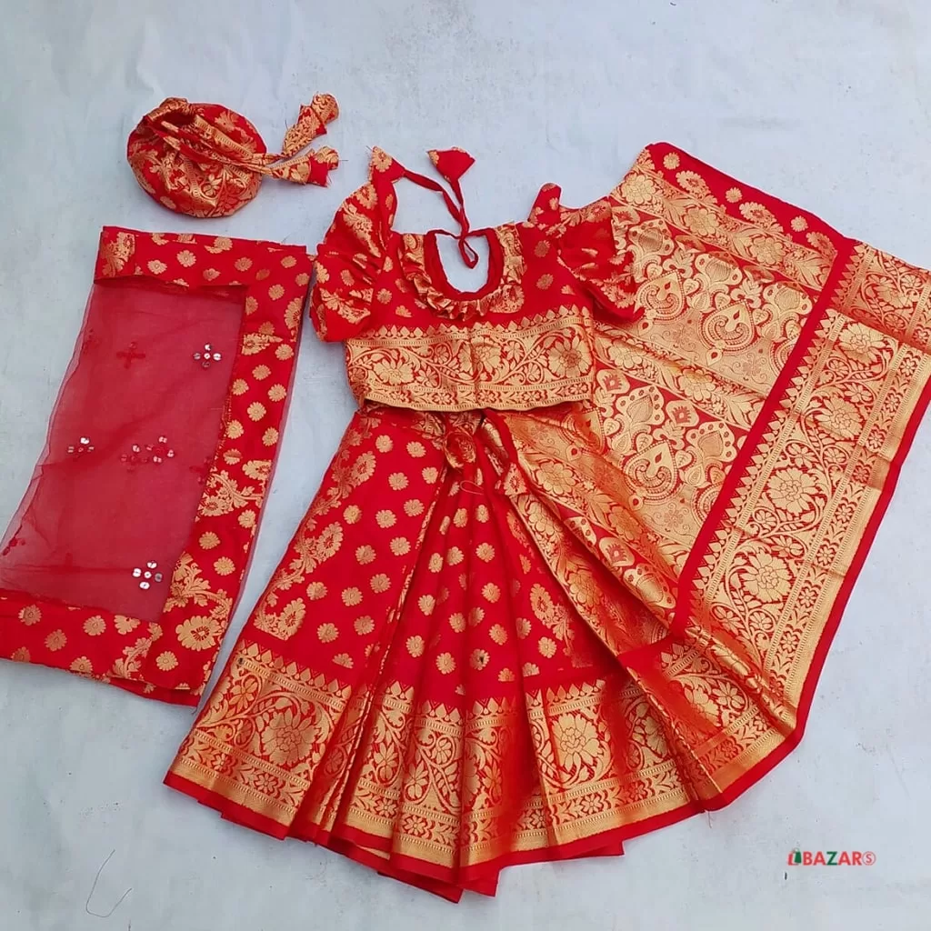 ওড়নাসহ বাচ্চাদের লাল লতা সফট কাতান রেডি শাড়ি